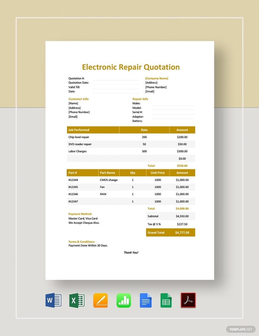 Electronic Repair Quotation Template in Word, Google Docs, Excel, PDF, Google Sheets, Apple Pages, Apple Numbers