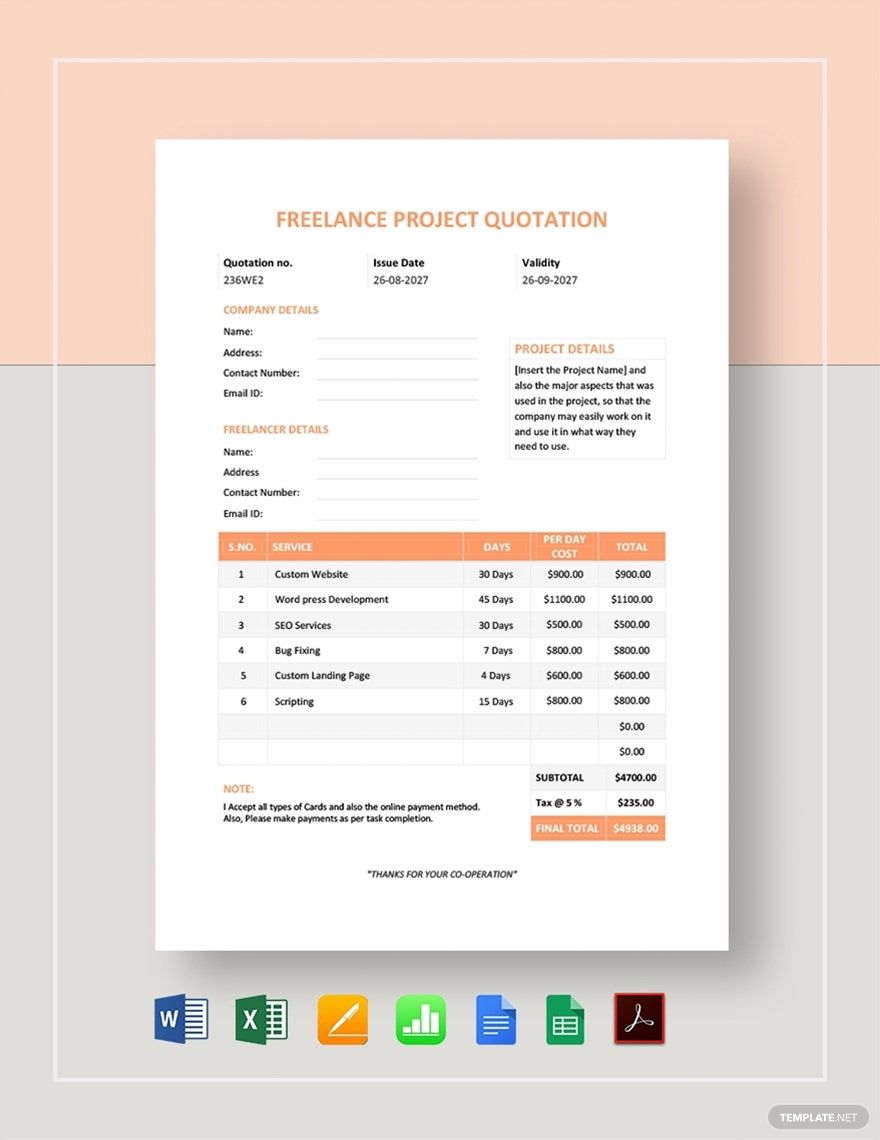 Freelance Project Quotation Template in Apple Numbers, Excel, Pages, Word, Google Sheets, PDF, Google Docs - Download | Template.net