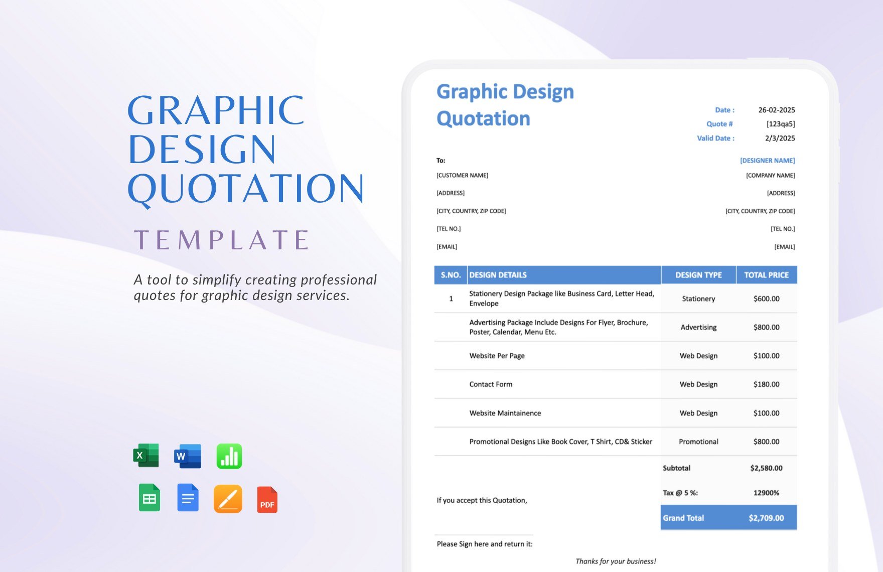 Graphic Design Quotation Template in Word, Apple Numbers, Apple Pages, Excel, Google Sheets, PDF, Google Docs - Download | Template.net