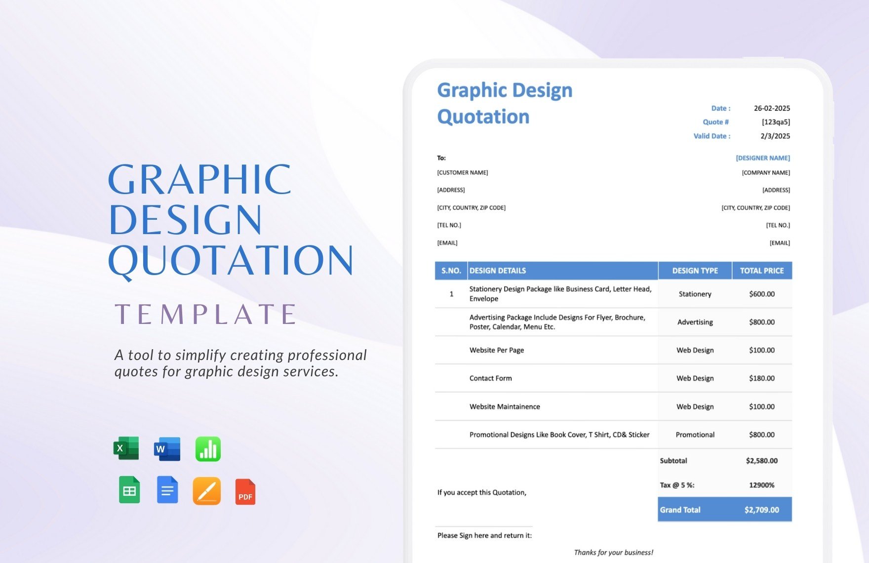 Graphic Design Quotation Template in Word, Google Docs, Excel, PDF, Google Sheets, Apple Pages, Apple Numbers