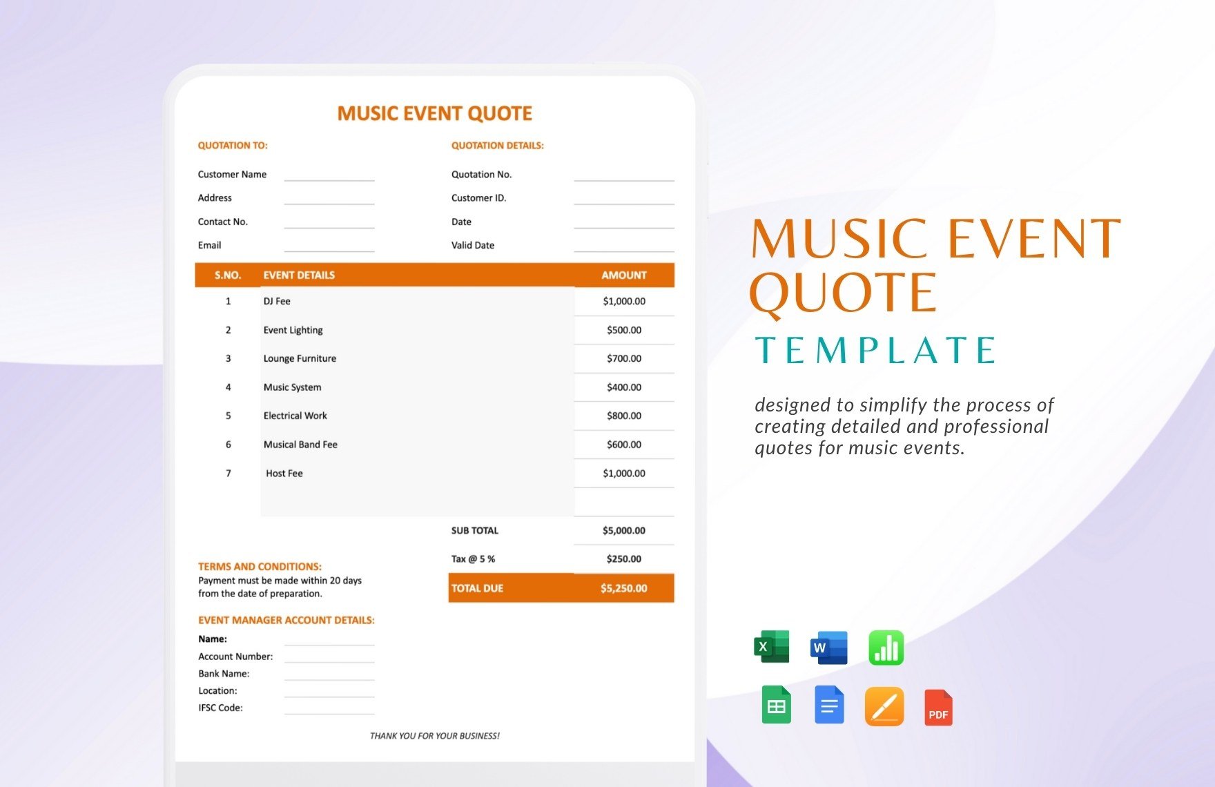 Music Event Quote Template in Google Sheets, Word, Excel, Apple Numbers, PDF, Google Docs, Apple Pages - Download | Template.net