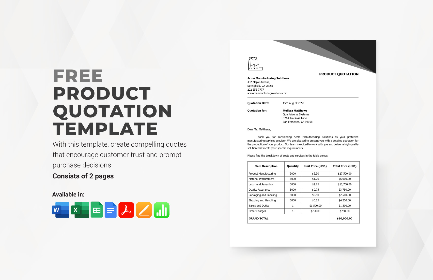 Product Quotation Template in Google Sheets, Pages, Excel, Numbers ...
