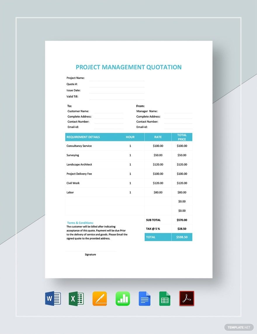 Project Management Quotation Template in Word, Google Docs, Excel, PDF, Google Sheets, Apple Pages, Apple Numbers