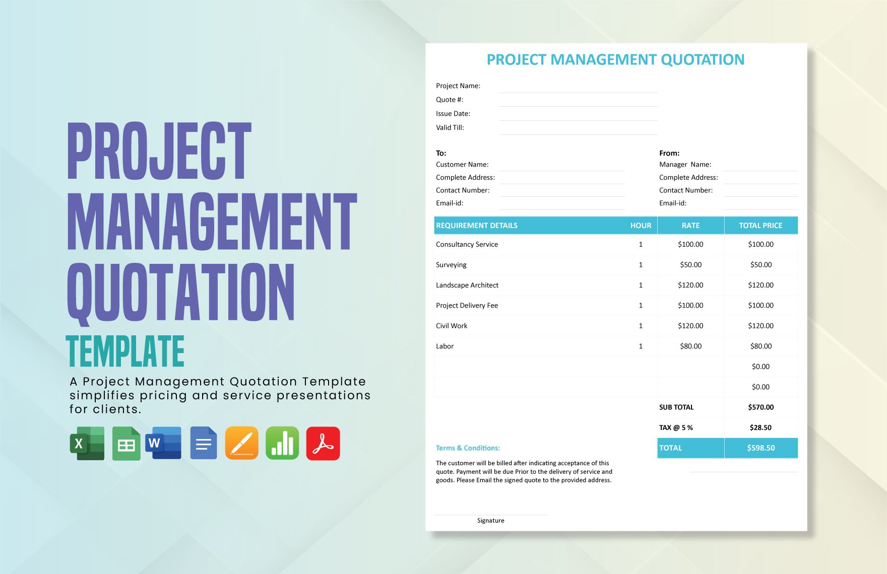Project Management Quotation Template in Word, Google Docs, Excel, PDF, Google Sheets, Apple Pages, Apple Numbers