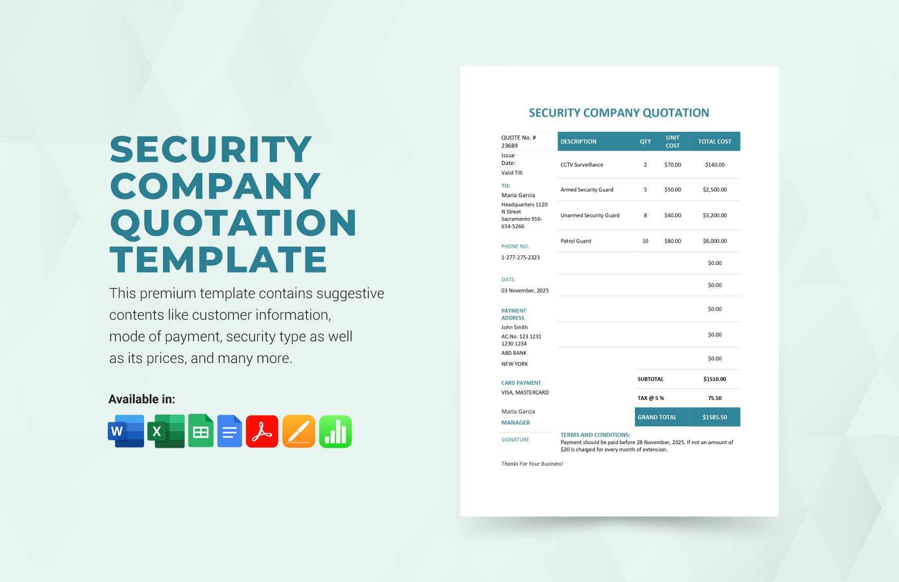 Security Company Quotation Template in Word, Google Docs, Excel, PDF, Google Sheets, Apple Pages, Apple Numbers