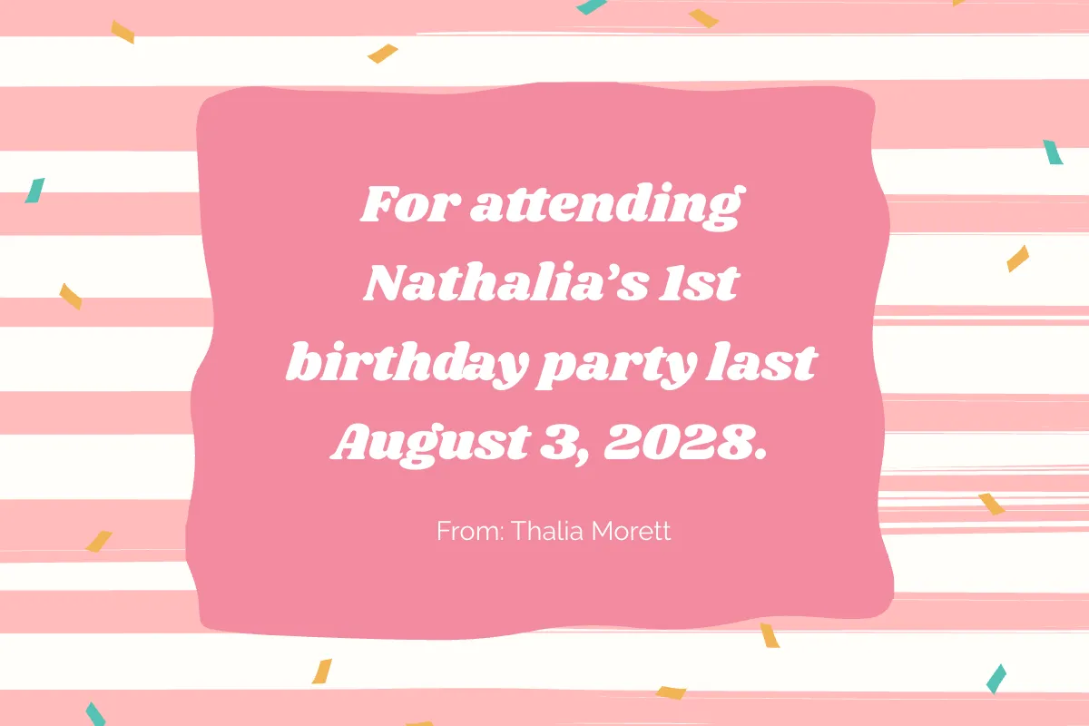 Free 1st Birthday Thank You Card Template to Edit Online