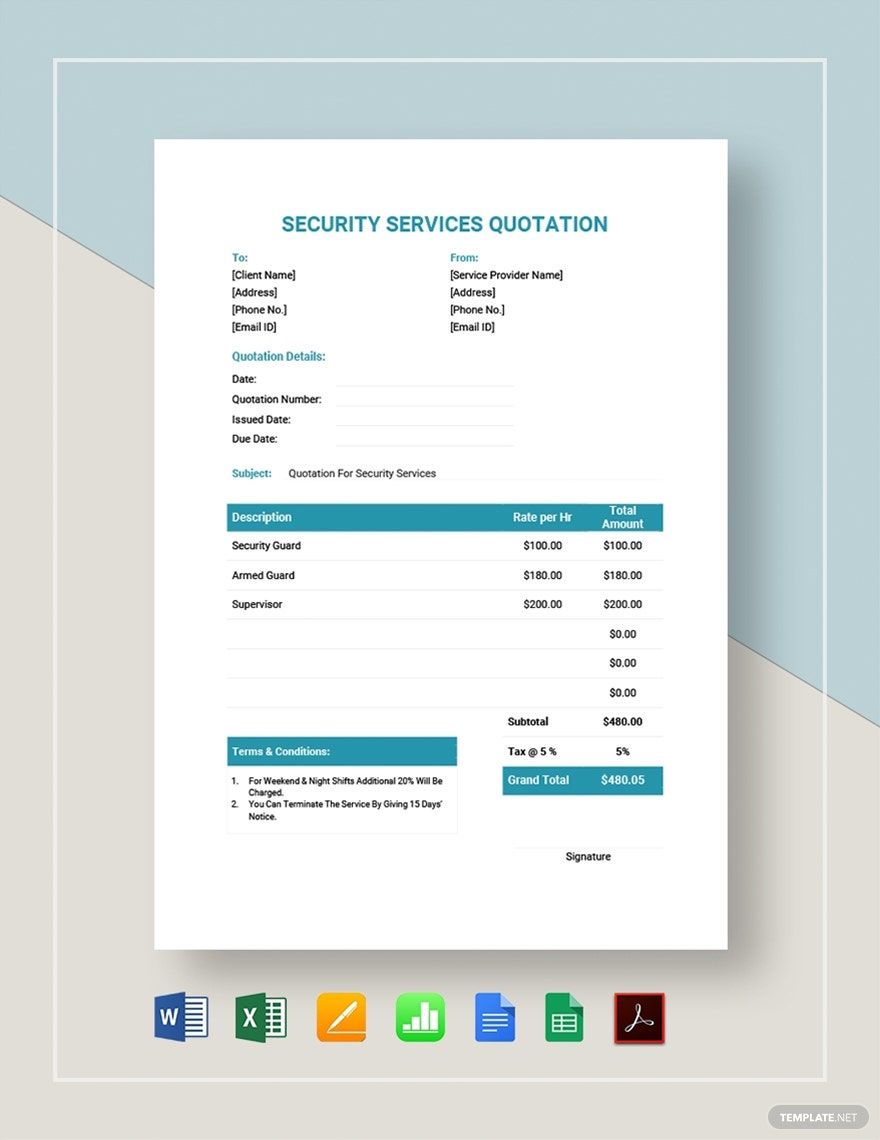 Security Services Quotation Template in Word, Apple Numbers, Pages, Excel, Google Sheets, PDF, Google Docs - Download | Template.net