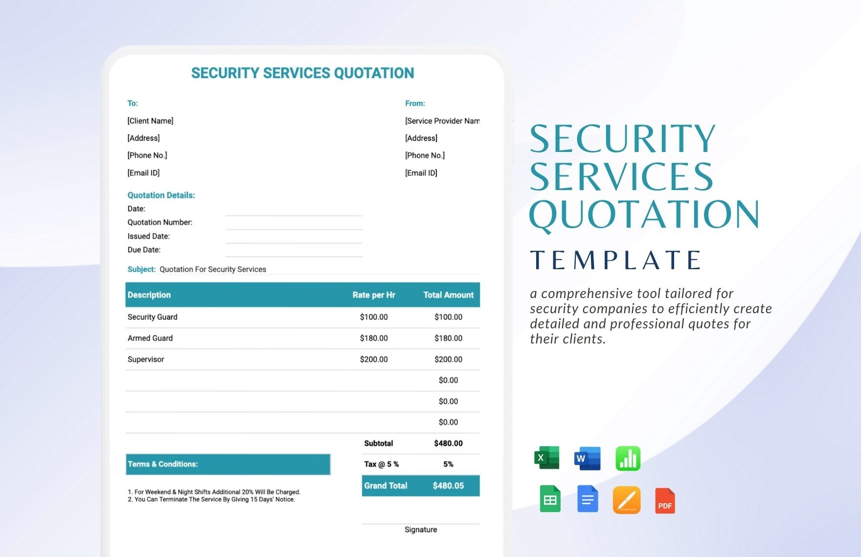 Security Services Quotation Template in Word, Google Docs, Excel, PDF, Google Sheets, Apple Pages, Apple Numbers