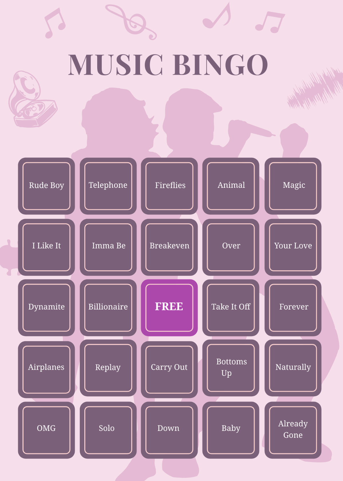 Free Music Bingo Card Template