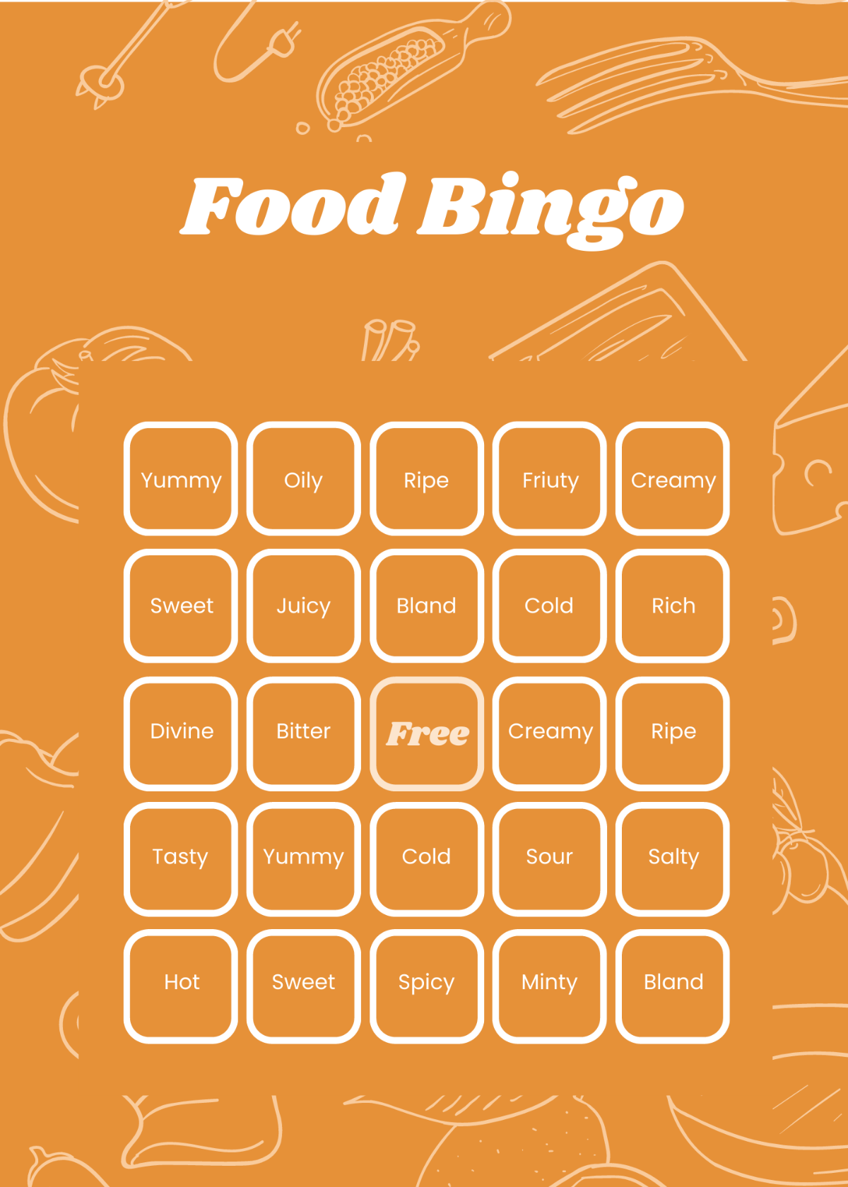 Free Food Bingo Card Template