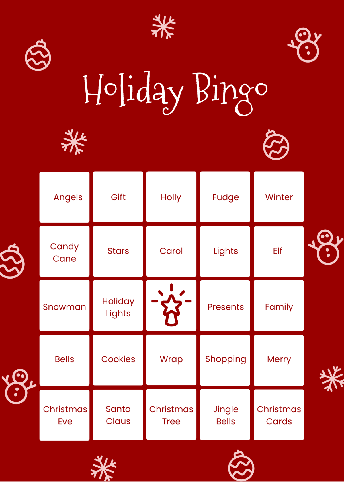 Free Holiday Bingo Card Template