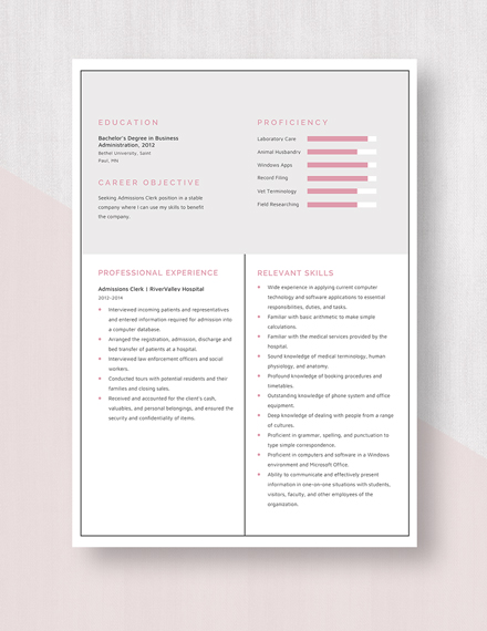 Admissions Clerk Resume Template - Word, Apple Pages | Template.net