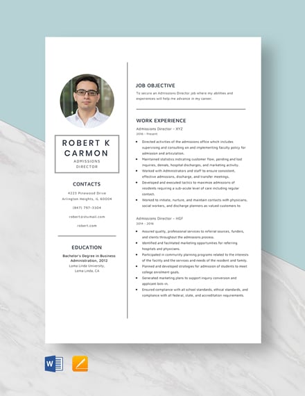 Free Admissions Director Resume Template - Word, Apple Pages