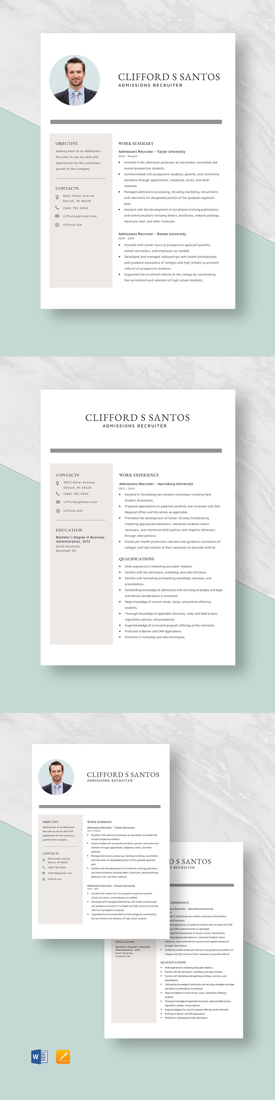 Admissions Recruiter Resume Template Word Apple Pages Template net