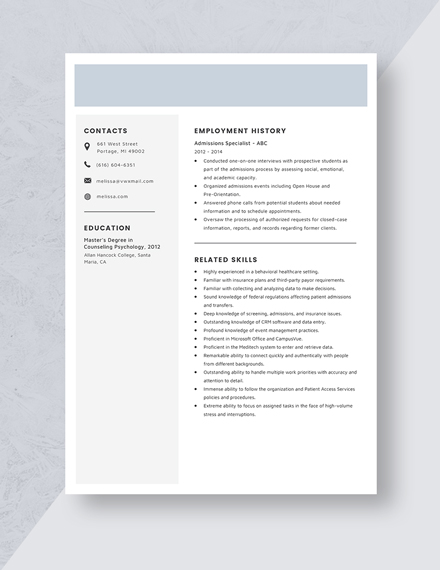 Admissions Specialist Resume Template