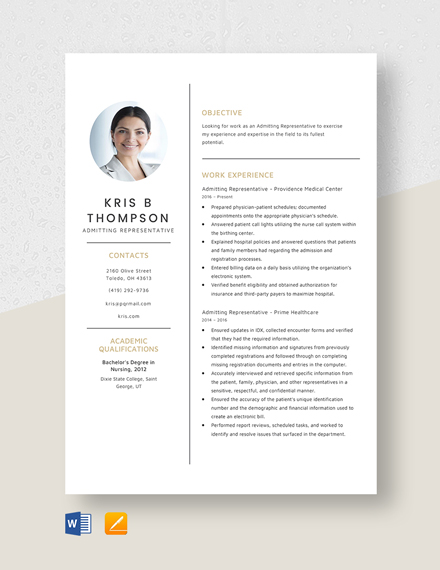 Free Admitting Representative Resume Template - Word, Apple Pages