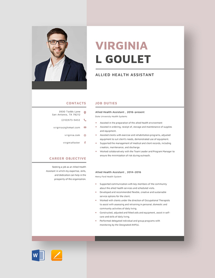 Free Allied Health Assistant Resume Template - Word, Apple Pages