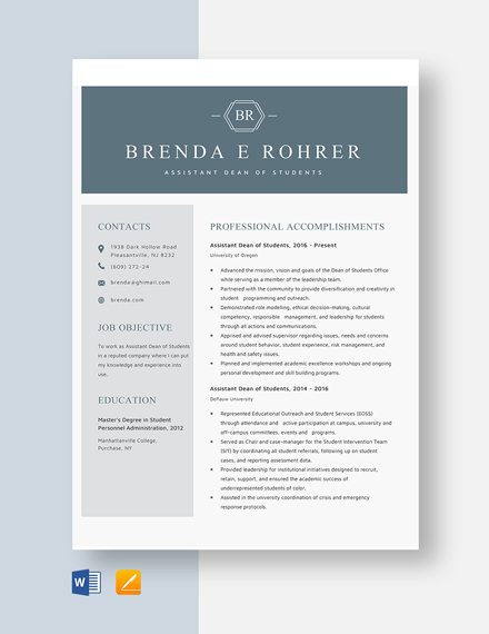 Free Assistant Dean of Students Resume Template - Word, Apple Pages