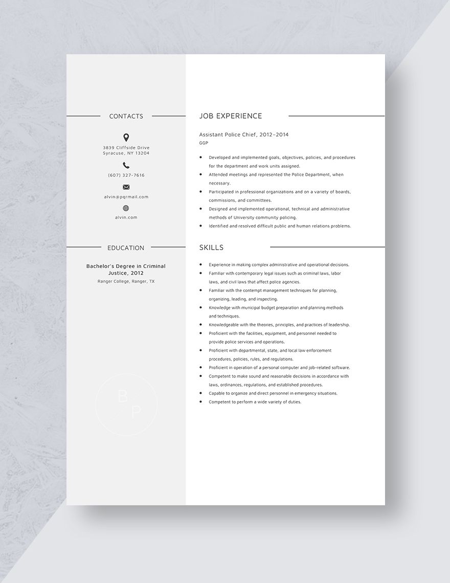 Assistant Police Chief Resume
