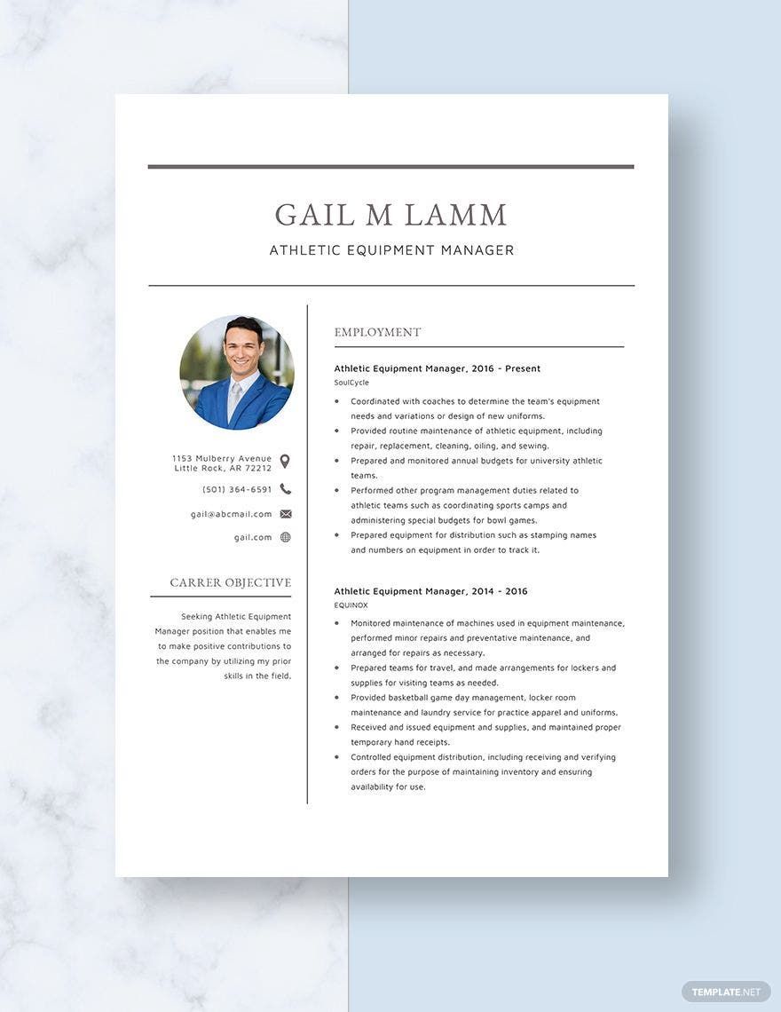 Athletic Equipment Manager Resume in Word, Apple Pages