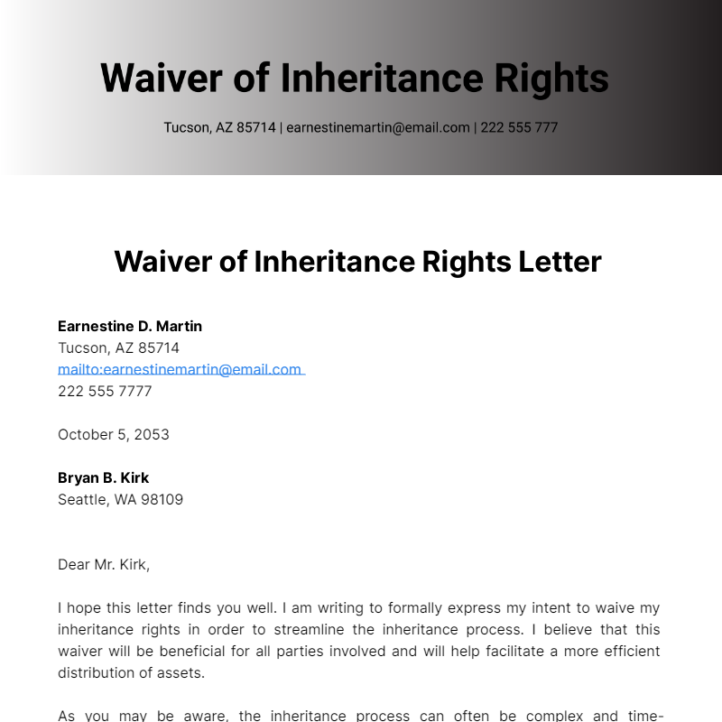 Free Waiver of Inheritance Rights Letter Template