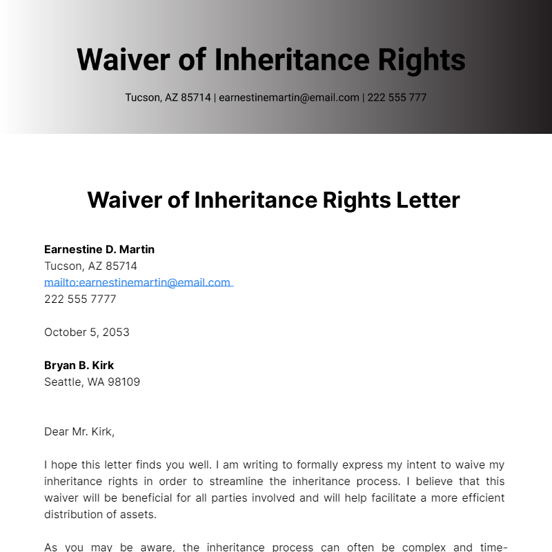 Free Waiver Of Inheritance Rights Letter Template To Edit Online