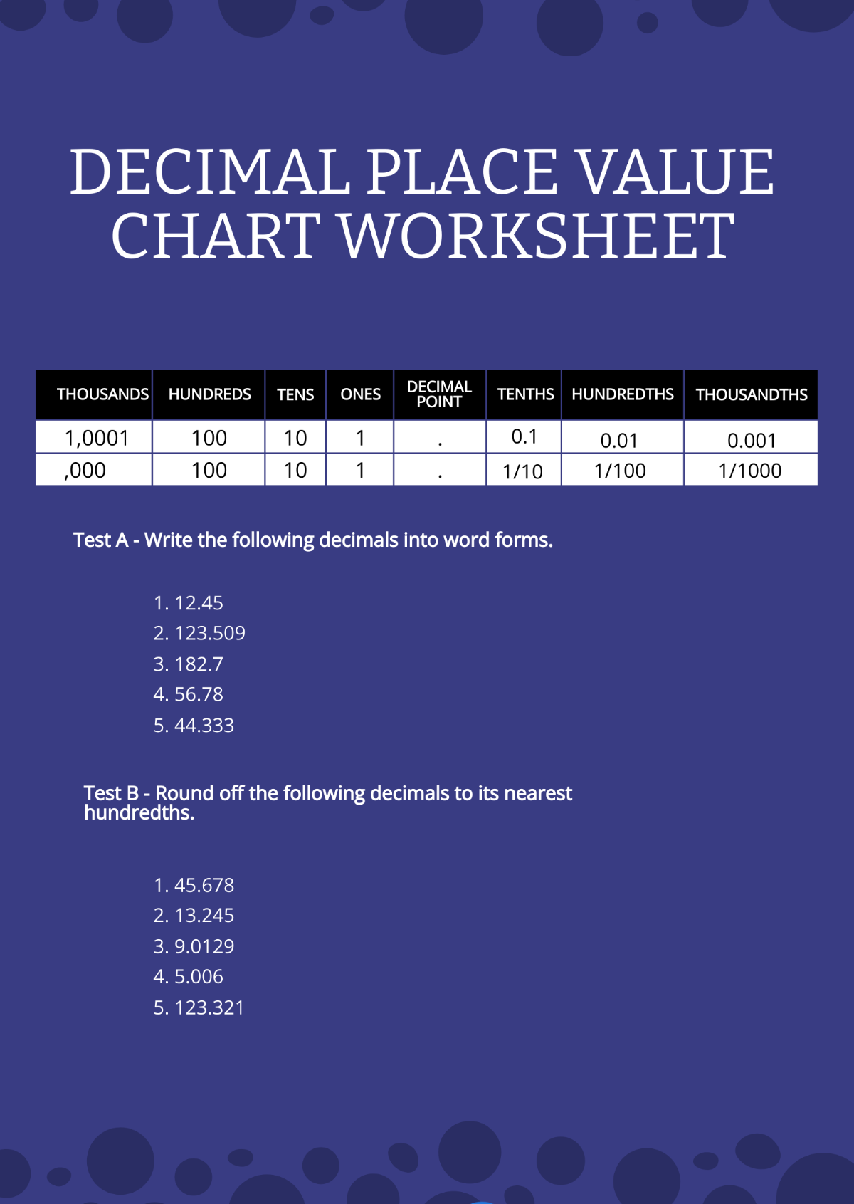 Decimal Place Value Chart Worksheet Template
