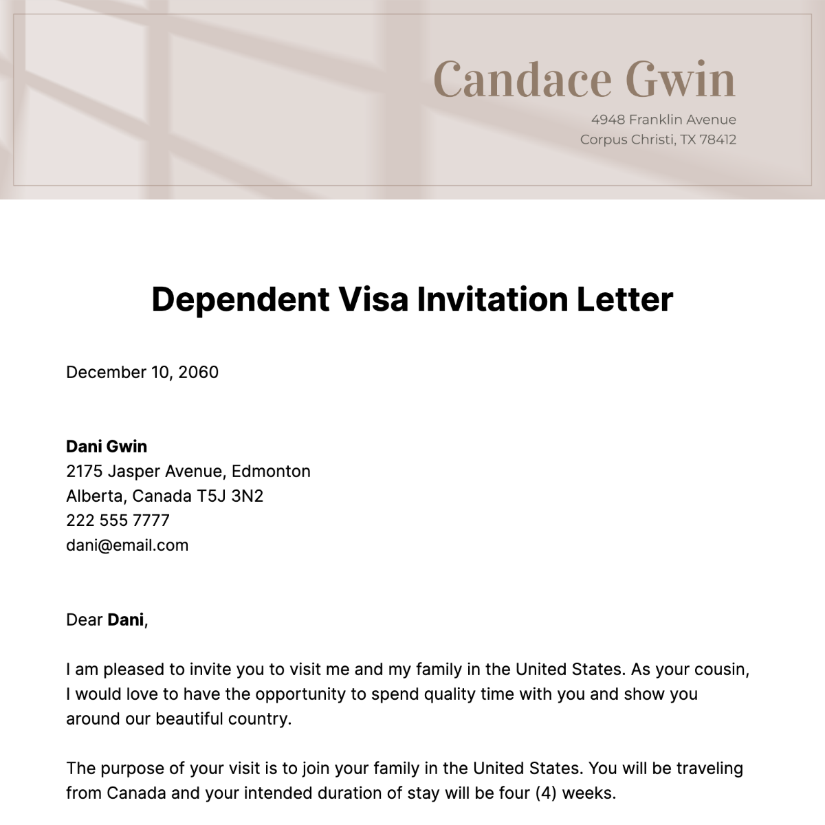 Dependent Visa Invitation Letter Template