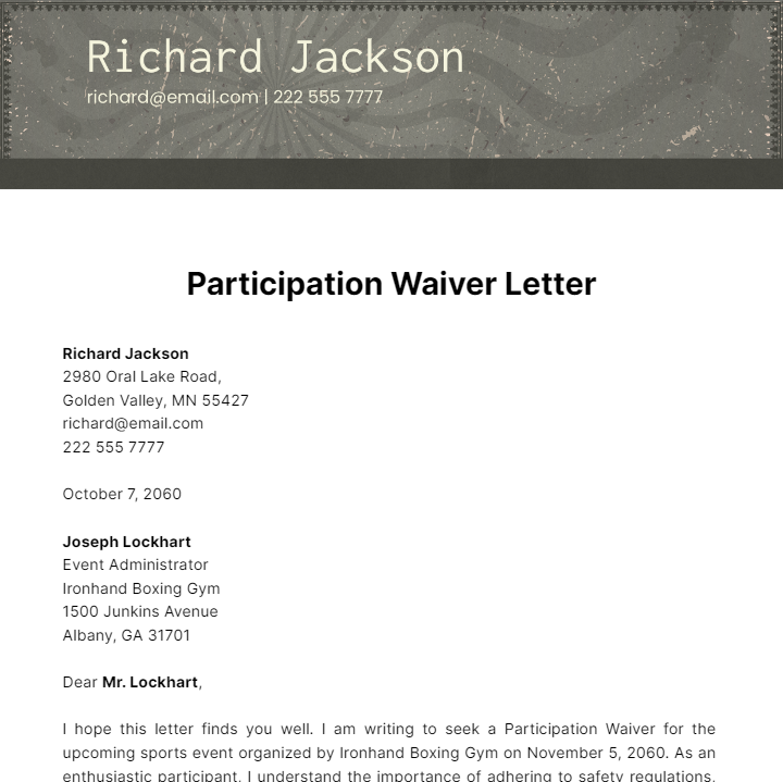 Free Participation Waiver Letter Template