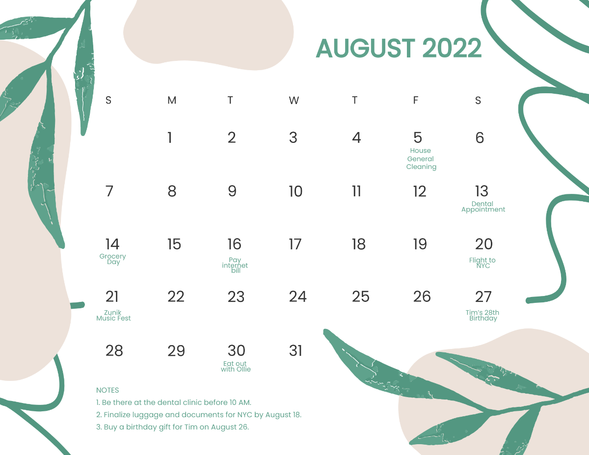Free Fancy August 2022 Calendar Template