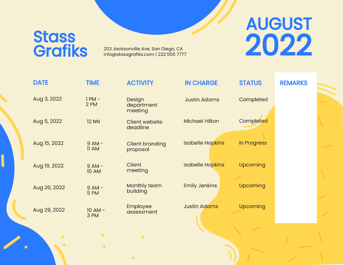 August 2022 Calendar With Time Template