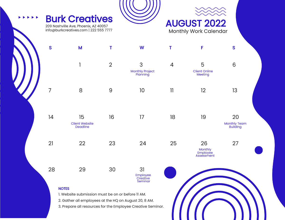 Free Blue August 2022 Calendar Template