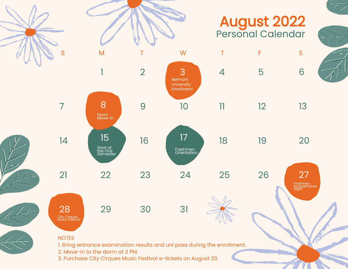 Free Cute August 2022 Calendar Template