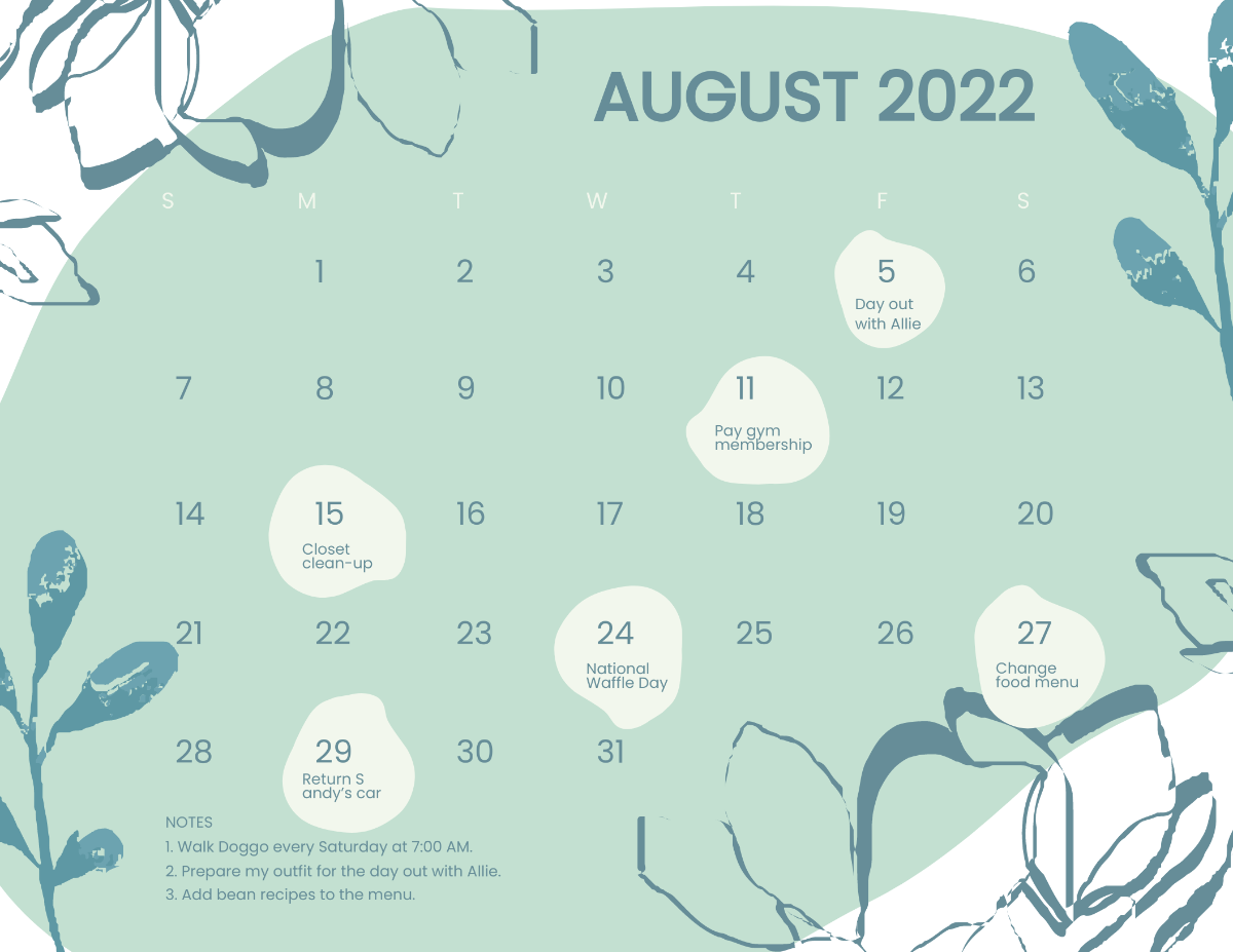 Free Floral August 2022 Calendar Template