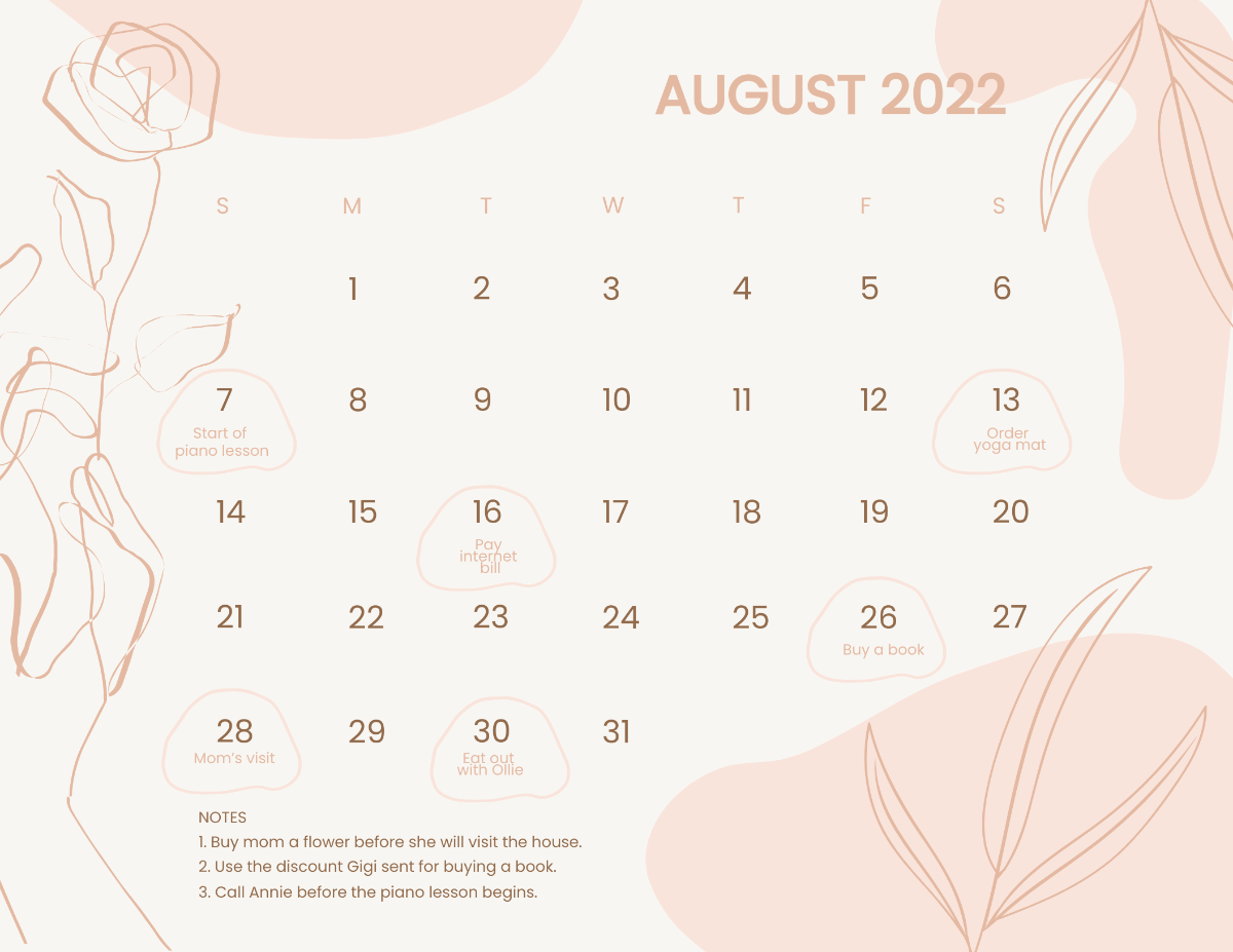 Free Pretty August 2022 Calendar Template