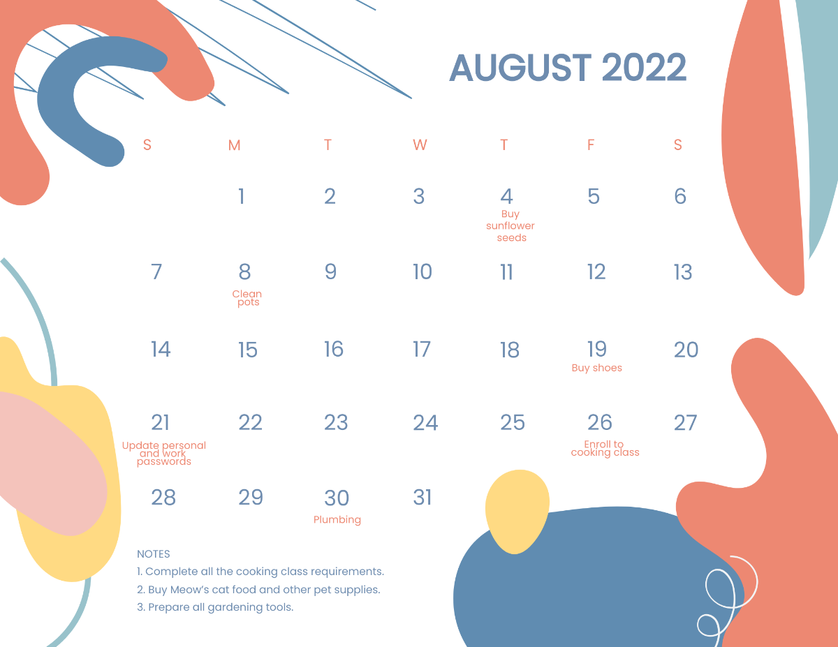 Free Colorful August 2022 Calendar Template