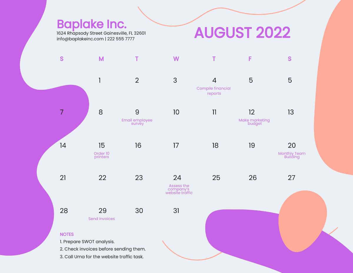 Free August 2022 Monthly Calendar Template