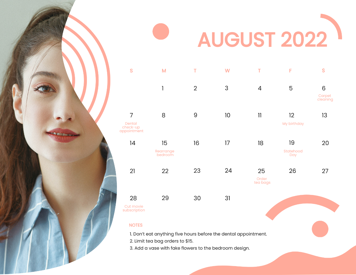 Free August 2022 Photo Calendar Template