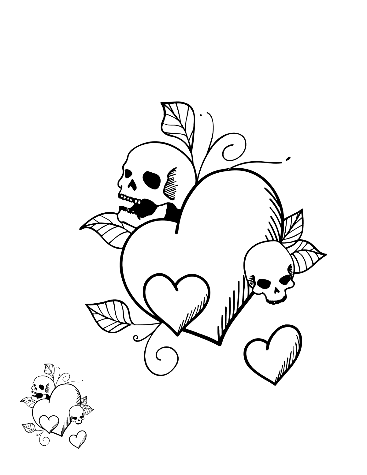 Skulls and Hearts Coloring Page Template