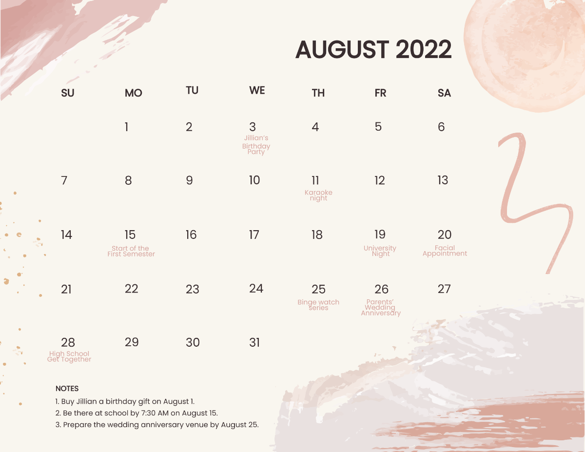 Watercolor August 2022 Calendar Template