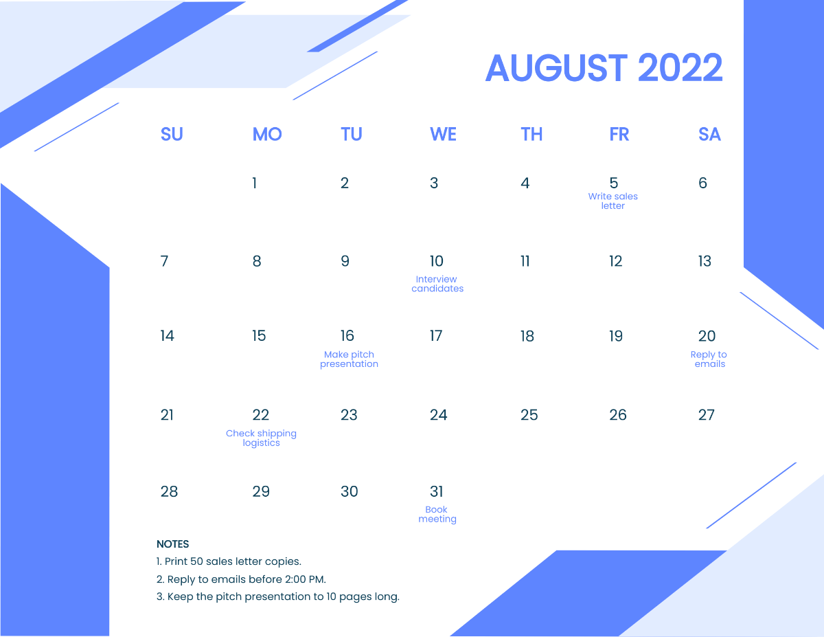 Free Desktop August 2022 Calendar Template