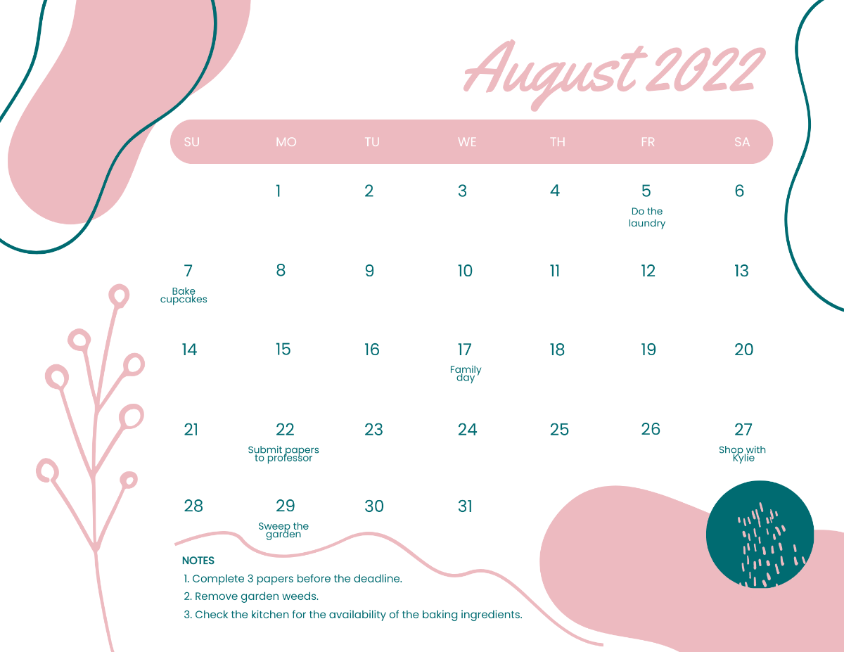 Pink August 2022 Calendar Template