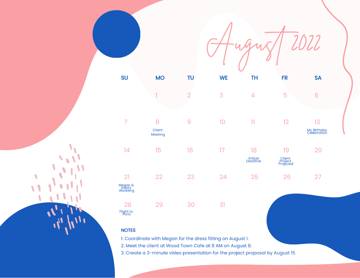 Free Calligraphy August 2022 Calendar Template