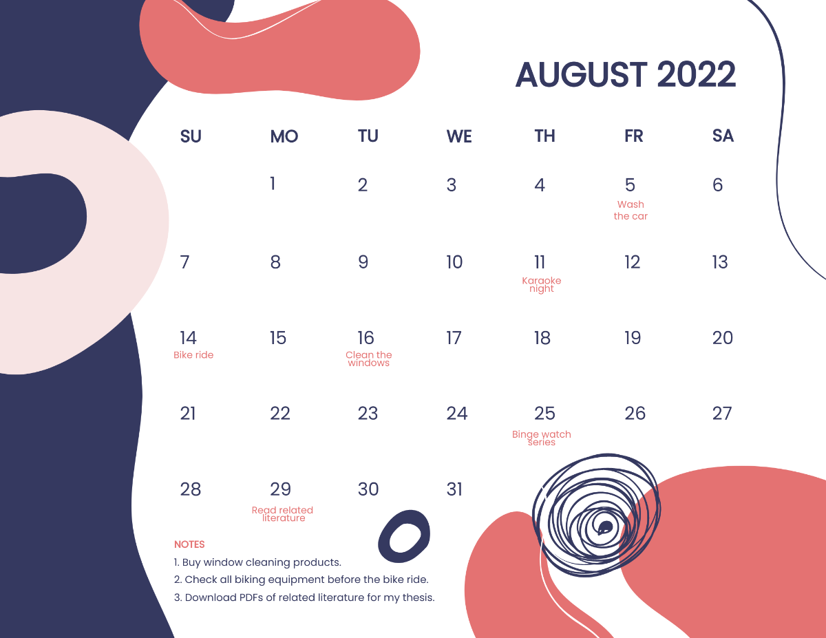 Aesthetic August 2022 Calendar Template