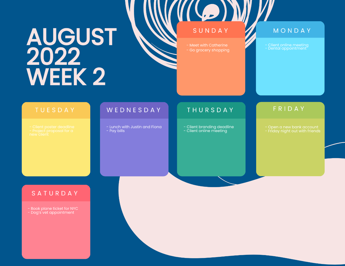 Free Weekly August 2022 Calendar Template