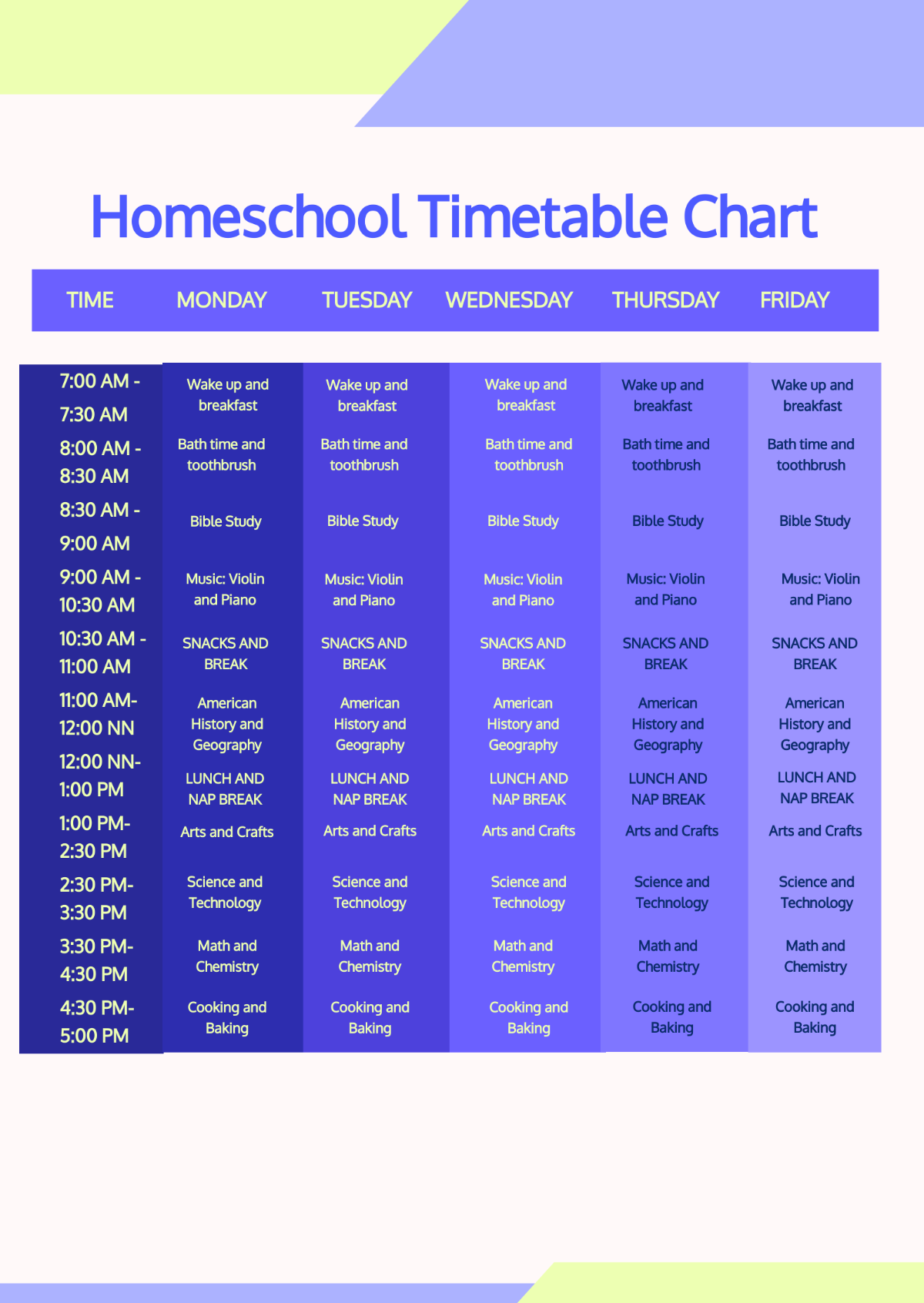 Free Home School Timetable Chart Template