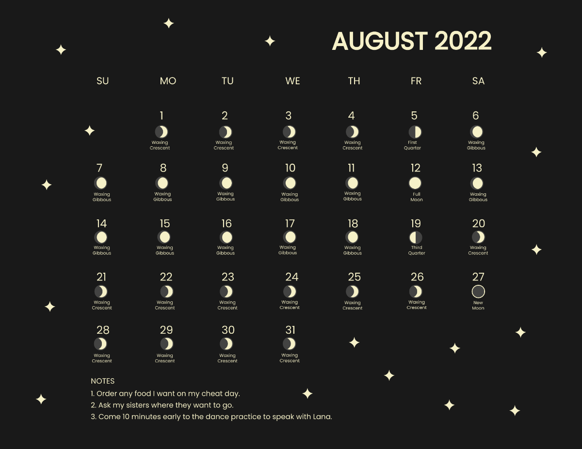 August 2022 Calendar With Moon Phases Template