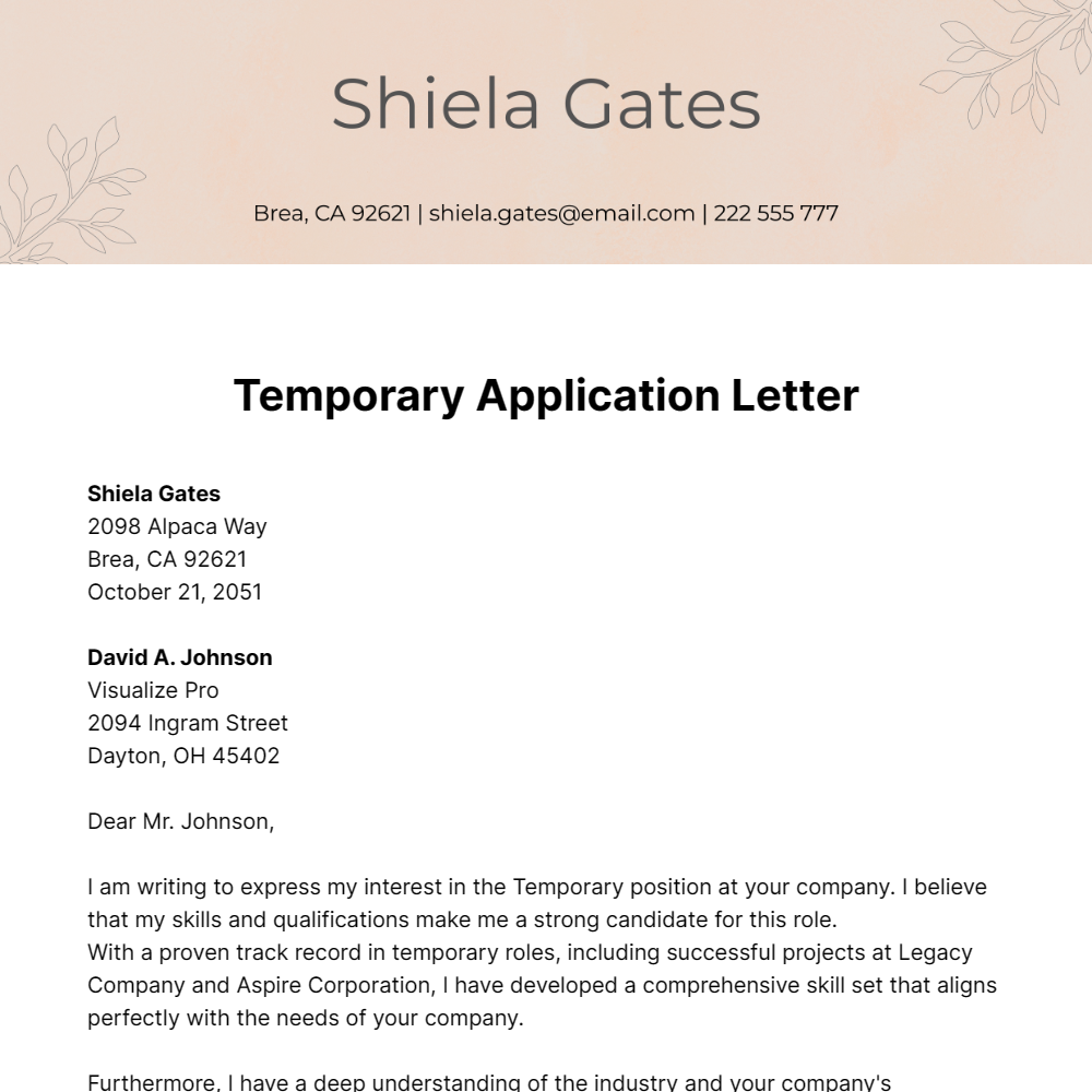 Temporary Application Letter Template