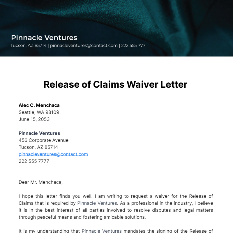 Free Release of Claims Waiver Letter Template