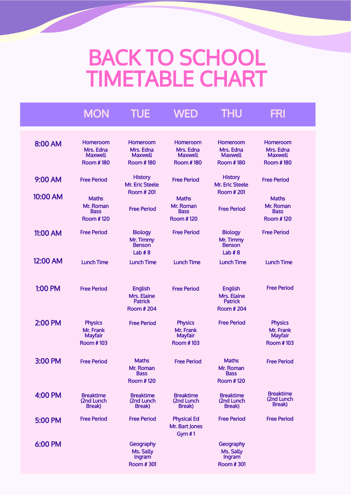 Free Back To School Timetable Chart Template